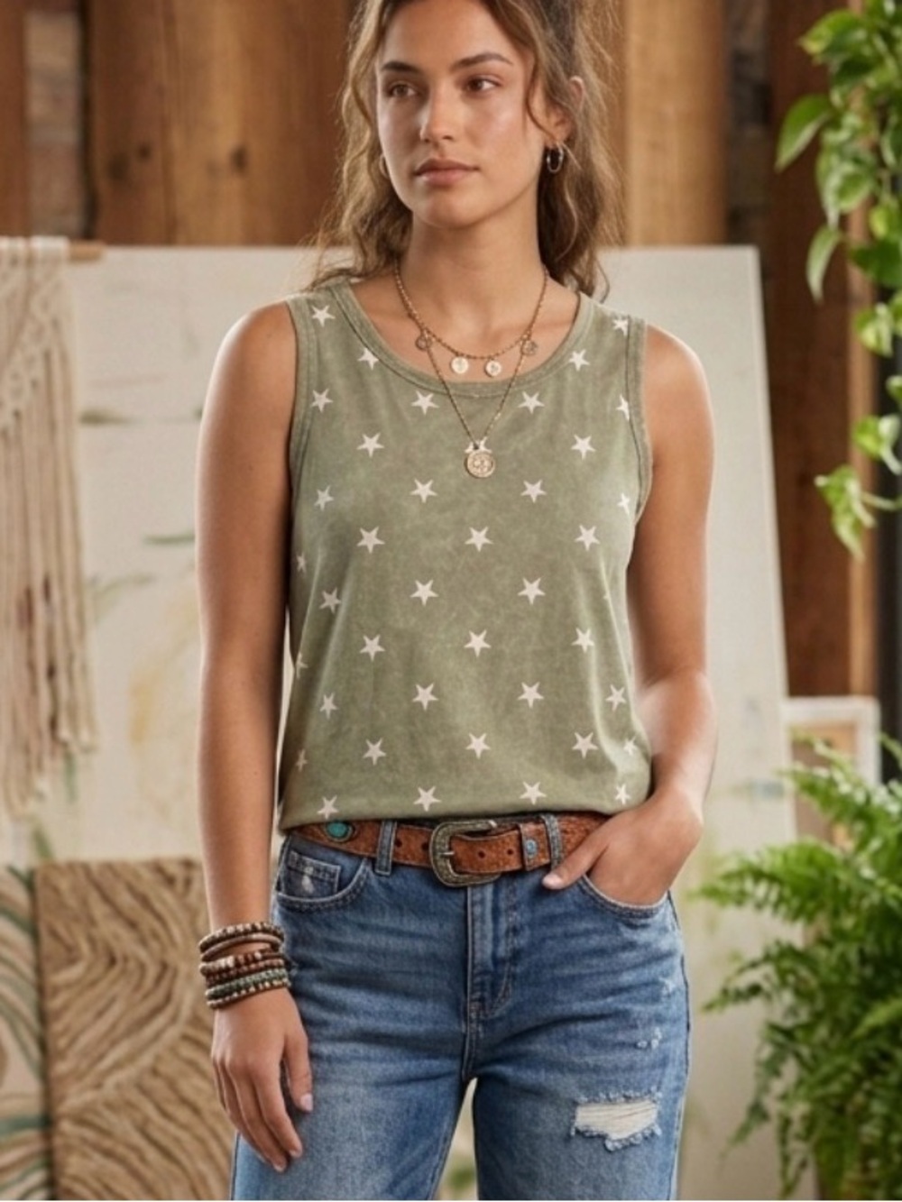 Easel Mineral Wash Star Sleeveless Cotton Top Olive and white Size S boho